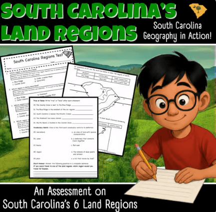 South Carolina Land Regions Assessment – Test and Map Skills | Grades 3-5