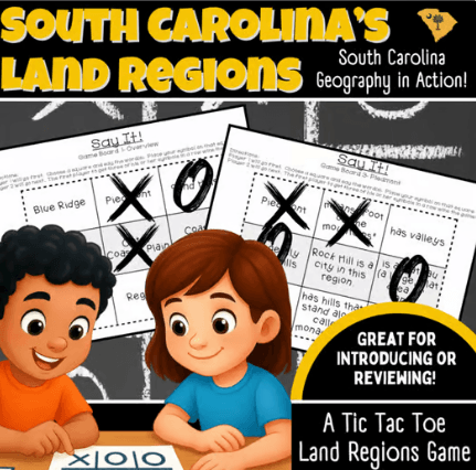 South Carolina Land Regions Tic-Tac-Toe Game | SC Geography Review Activity | Grades 2-5