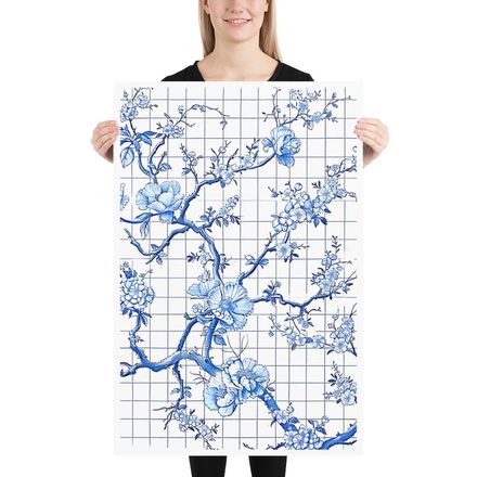 Blue and White Chinoiserie Flower Sketch 24&quot; x 36&quot;