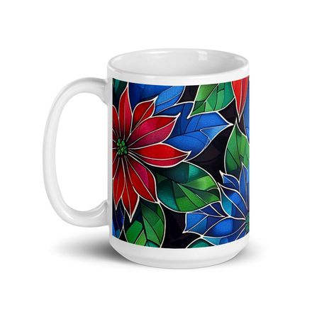 Red and Blue Poinsettia Christmas Mug 15 oz 