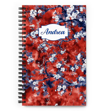 Beauchamp Blue and Red Personalized Floral Toile Spiral Notebook