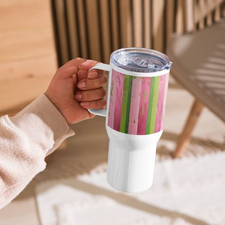 Fancy Nancy Pink and Green Striped Travel Mug with Handle