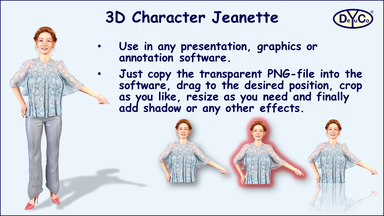 Create professional presentations with high-resolution 3D business character Jeanette