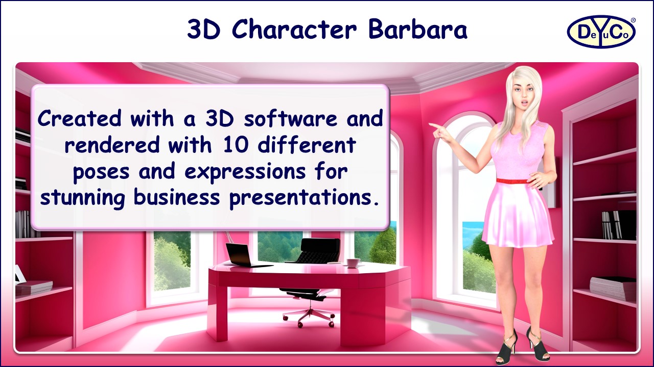 Create vivid presentations with high-resolution 3D business character Barbara