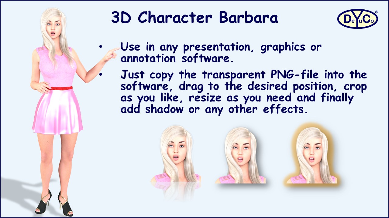 Create vivid presentations with high-resolution 3D business character Barbara