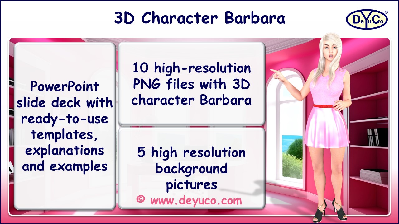 Create vivid presentations with high-resolution 3D business character Barbara