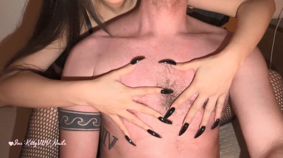 Scratching Nipples of my Slave with my Evil Black Nails
