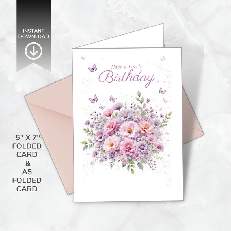 Printable Floral Birthday Card – Birthday Blooms Collection – A5 &amp; 5x7” Folded – Instant Download
