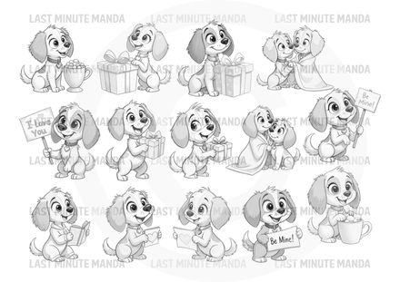 Tilly Dog Valentine Sketch Set 1 - 14 Black &amp; White Tilly Dog Valentine Illustrations