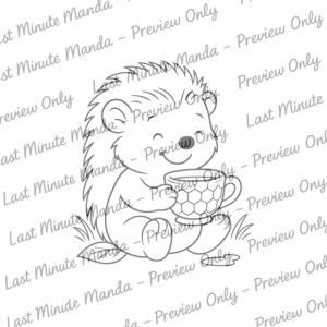 Milo the Hedgehog – Tea Party Time Digi Stamp Set | Cute Black and White PNGs for Personal Use