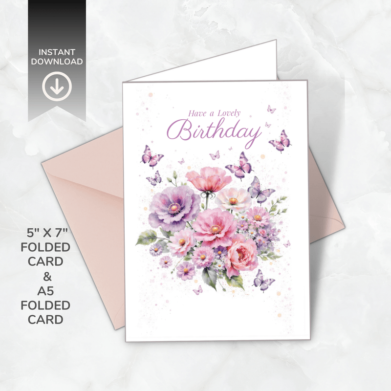 Printable Floral Birthday Card – Birthday Blooms Collection – A5 &amp; 5x7” Folded – Instant Download