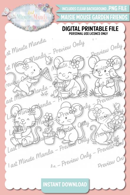 MMaisie Mouse – Garden Friends Digi Stamp Set | Whimsical Mouse PNG Line Art for Personal Use