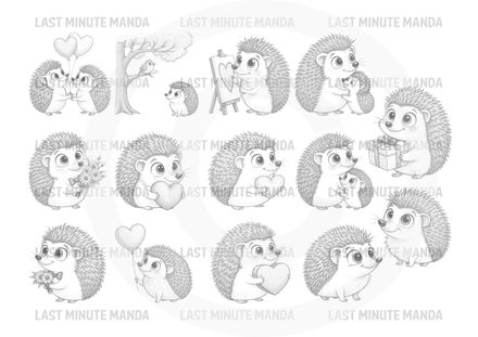 Holly Hedgehog Love Sketch Set - 14 Pencil Illustrations, High-Quality 300 DPI PNG Graphics