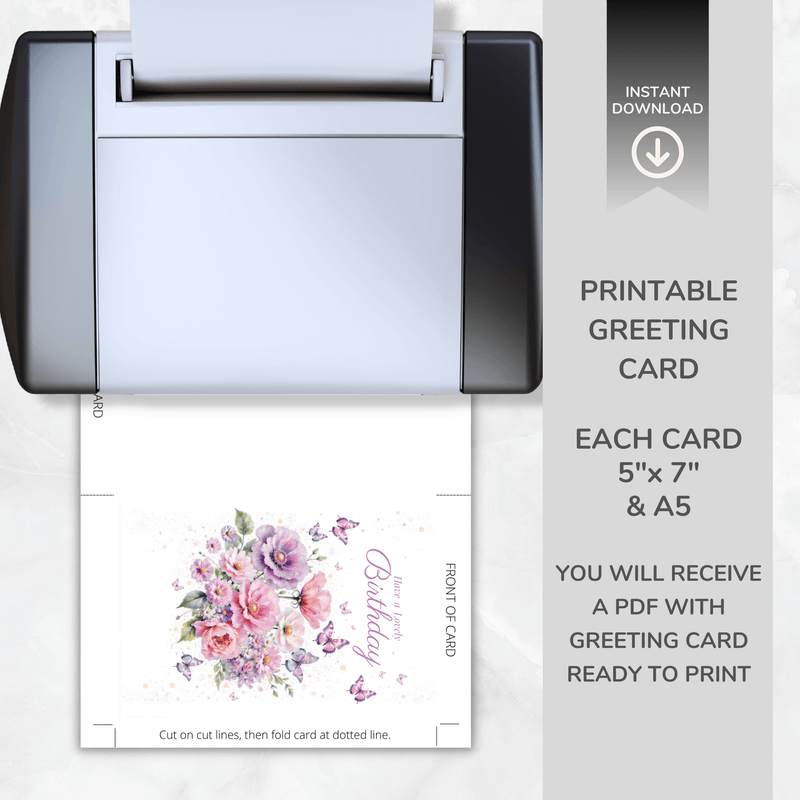 Printable Floral Birthday Card – Birthday Blooms Collection – A5 &amp; 5x7” Folded – Instant Download