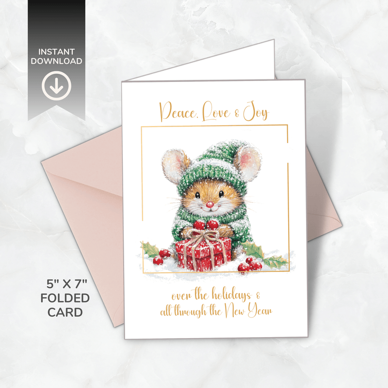 Printable Christmas Card – Cute Mouse in Winter Hat – Peace, Love &amp; Joy – A5 &amp; 5x7 Folded PDF + PNG 