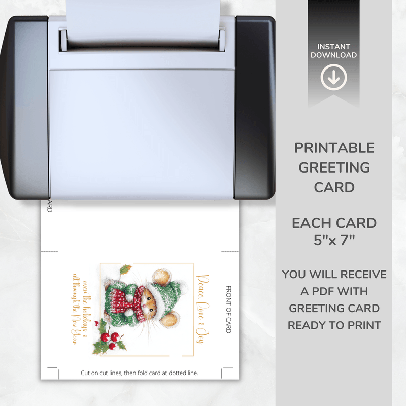 Printable Christmas Card – Cute Mouse in Winter Hat – Peace, Love &amp; Joy – A5 &amp; 5x7 Folded PDF + PNG 
