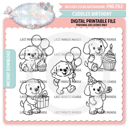 Cuddles the Puppy Birthday Bundle – Digital Stamps, Numbers &amp; Sentiments (PNG Download)