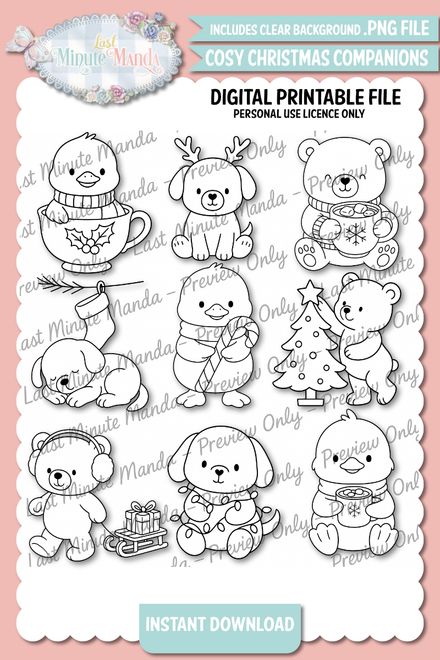 Cozy Christmas Companions Black and White Digi Stamp Set | PNG &amp; JPEG | Cuddles, Biscuit and Pip Chr