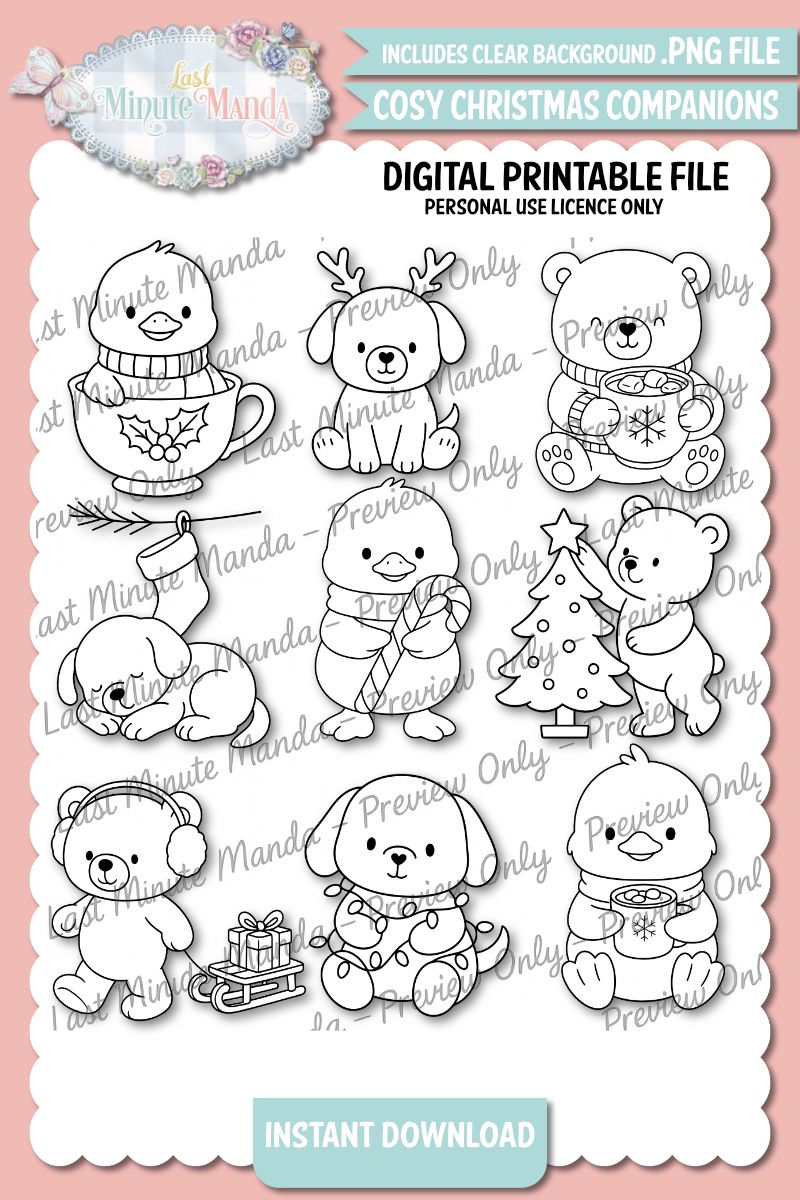 Cozy Christmas Companions Black and White Digi Stamp Set | PNG &amp; JPEG | Cuddles, Biscuit and Pip Chr
