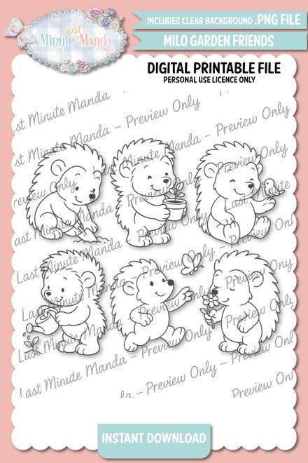 Milo the Hedgehog Garden Friends Digi Stamp Set | Cute Black and White PNGs for Personal Use