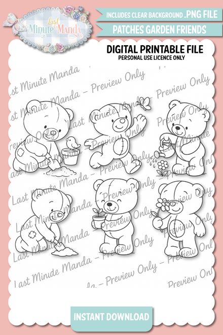 Patches the Bear – Garden Friends Digi Stamp Set | Black and White PNGs