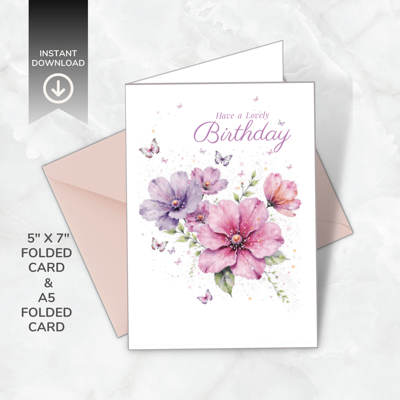 Printable Floral Birthday Card – Birthday Blooms Collection – A5 &amp; 5x7” Folded – Instant Download
