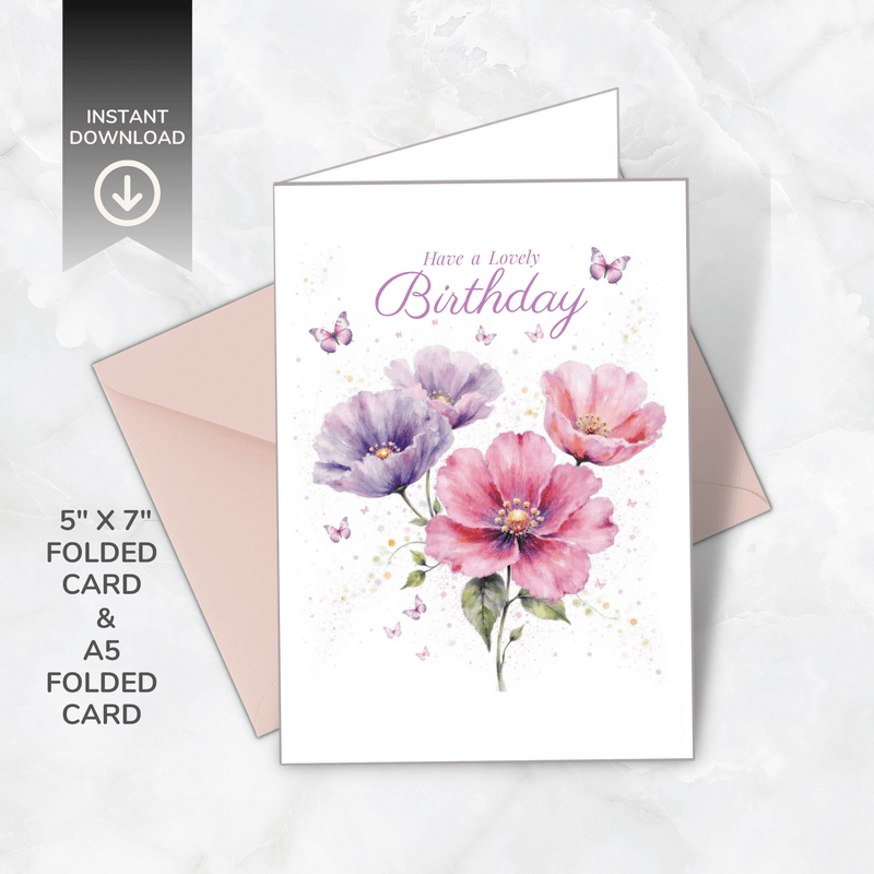 Printable Floral Birthday Card – Birthday Blooms Collection – A5 &amp; 5x7” Folded – Instant Download