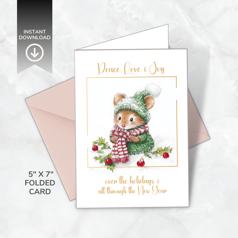 Printable Christmas Card – Cute Mouse in Winter Hat – Peace, Love &amp; Joy – A5 &amp; 5x7 Folded PDF + PNG 