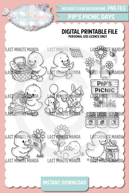 Pip’s Picnic Days – Cute Duckling Clipart Set | Whimsical Spring Picnic PNGs for Crafts, Cards &amp; Scr
