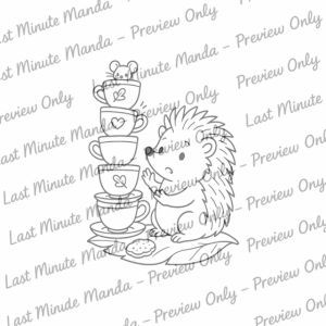 Milo the Hedgehog – Tea Party Time Digi Stamp Set | Cute Black and White PNGs for Personal Use