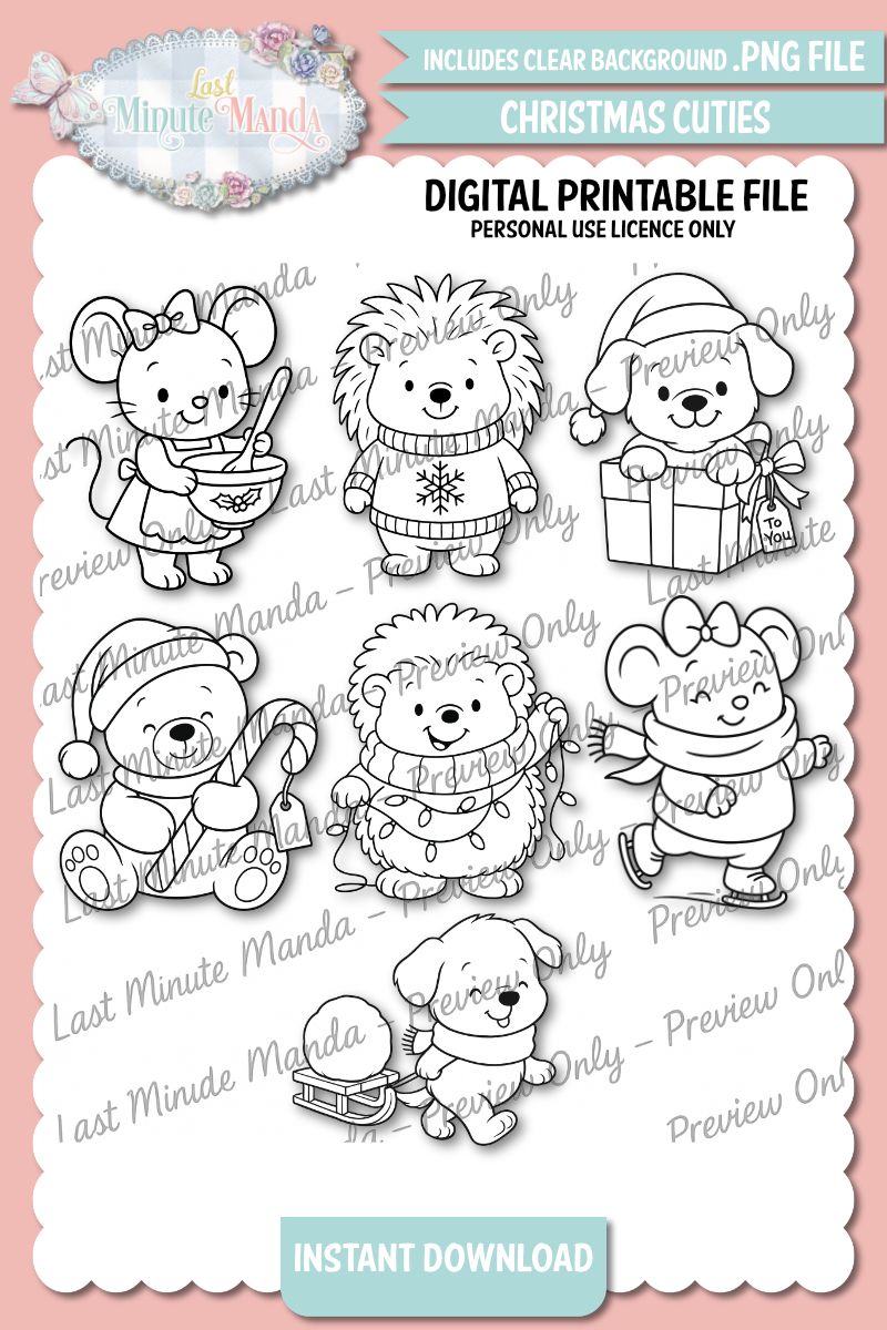 Christmas Cuties Digi Stamp Set – 7 Black &amp; White PNG Illustrations