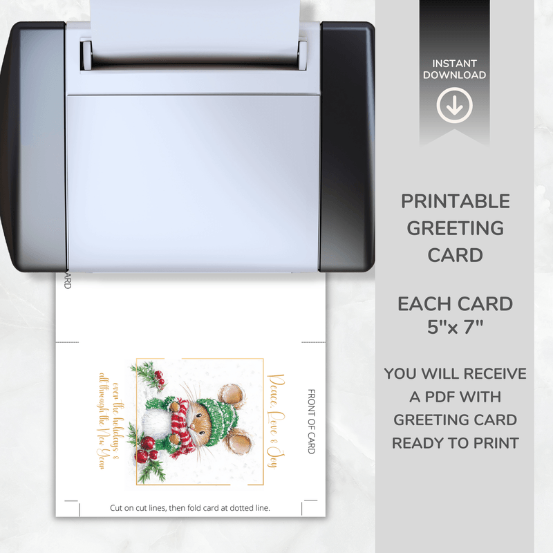 Printable Christmas Card – Cute Mouse in Winter Hat – Peace, Love &amp; Joy – A5 &amp; 5x7 Folded PDF + PNG 