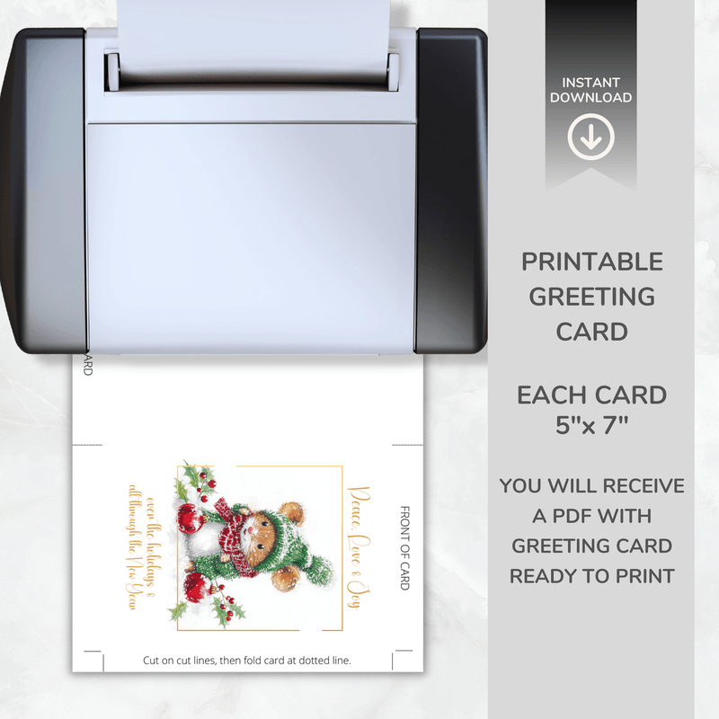 Printable Christmas Card – Cute Mouse in Winter Hat – Peace, Love &amp; Joy – A5 &amp; 5x7 Folded PDF + PNG 
