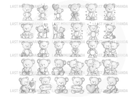 Benny Loves Valentine Sketch Set - 30 Black &amp; White Benny Bear Love Illustrations