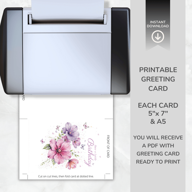 Printable Floral Birthday Card – Birthday Blooms Collection – A5 &amp; 5x7” Folded – Instant Download