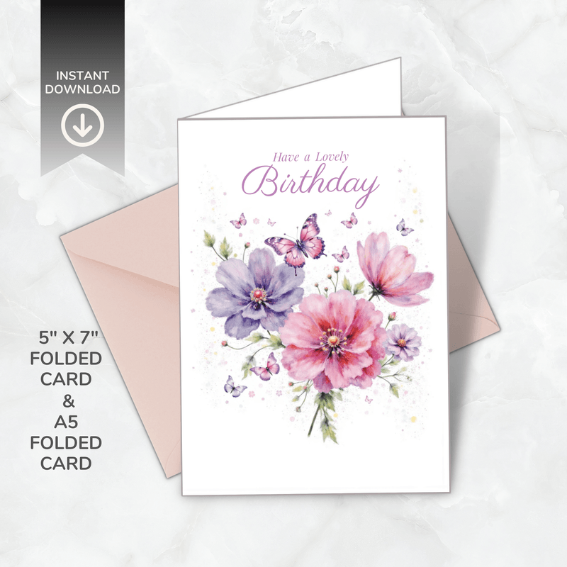 Printable Floral Birthday Card – Birthday Blooms Collection – A5 &amp; 5x7” Folded – Instant Download