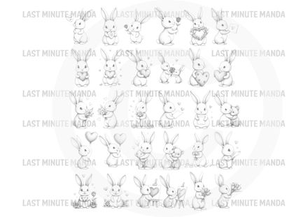 Bruno Bunny Valentine Sketch Set - 30 Black &amp; White Bruno Bunny Love Illustrations