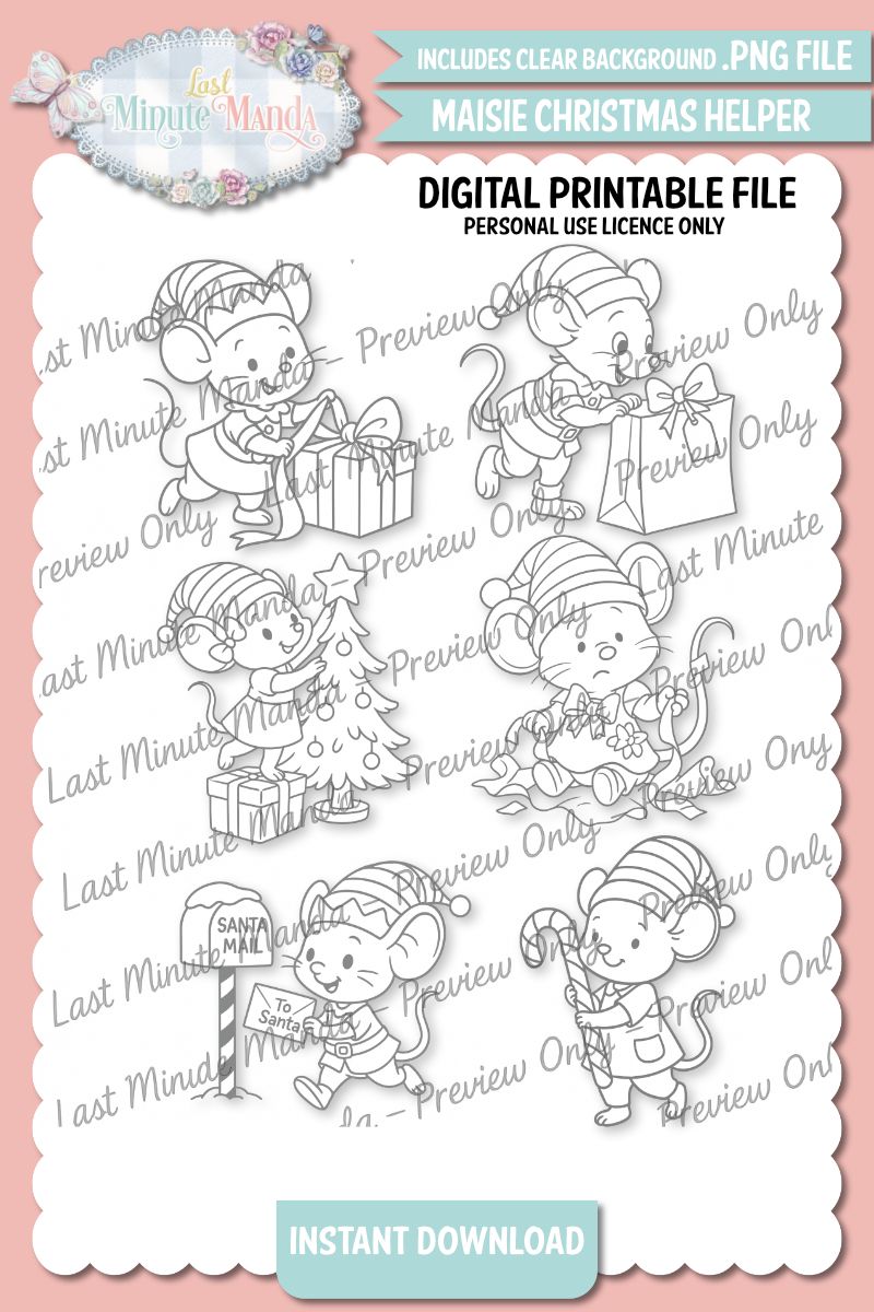 Maisie Mouse – Christmas Helper Digi Stamp Set | Black &amp; White PNG Christmas Clipart