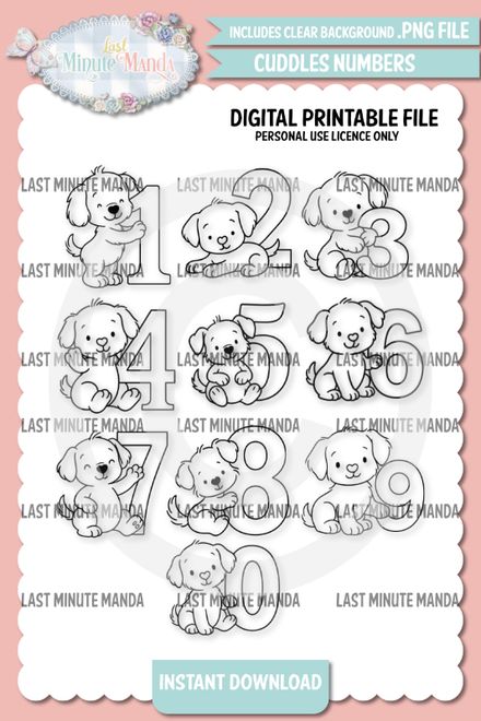 Cuddles the Puppy Numbers 0–9 | Cute Cartoon Puppy Clipart PNG Set for Birthday Crafts, Cards,