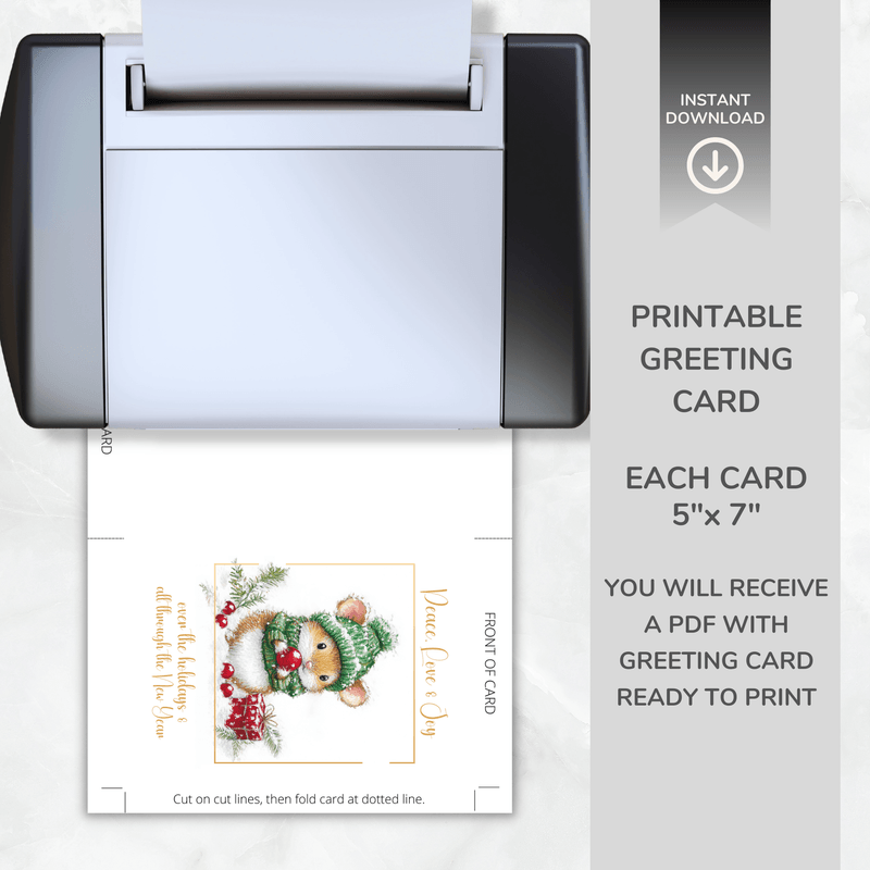 Printable Christmas Card – Cute Mouse in Winter Hat – Peace, Love &amp; Joy – A5 &amp; 5x7 Folded PDF + PNG 