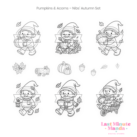 Pumpkins &amp; Acorns – Nibs Autumn Digi Stamp Set | 12 Poses | Pumpkin Hug, Acorn Sit, Leaf Toss
