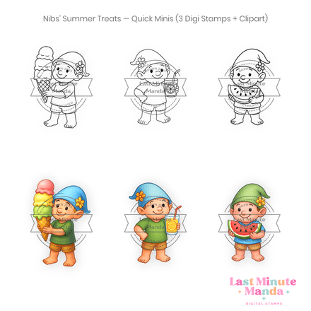 Nibs the Gnome – Summer Treats – 3 Pose Combo Pack (Stamps + Clipart)