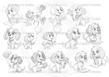 Tilly Dog Valentine Sketch Set - 14 Black &amp; White Tilly Dog Valentine Illustrations