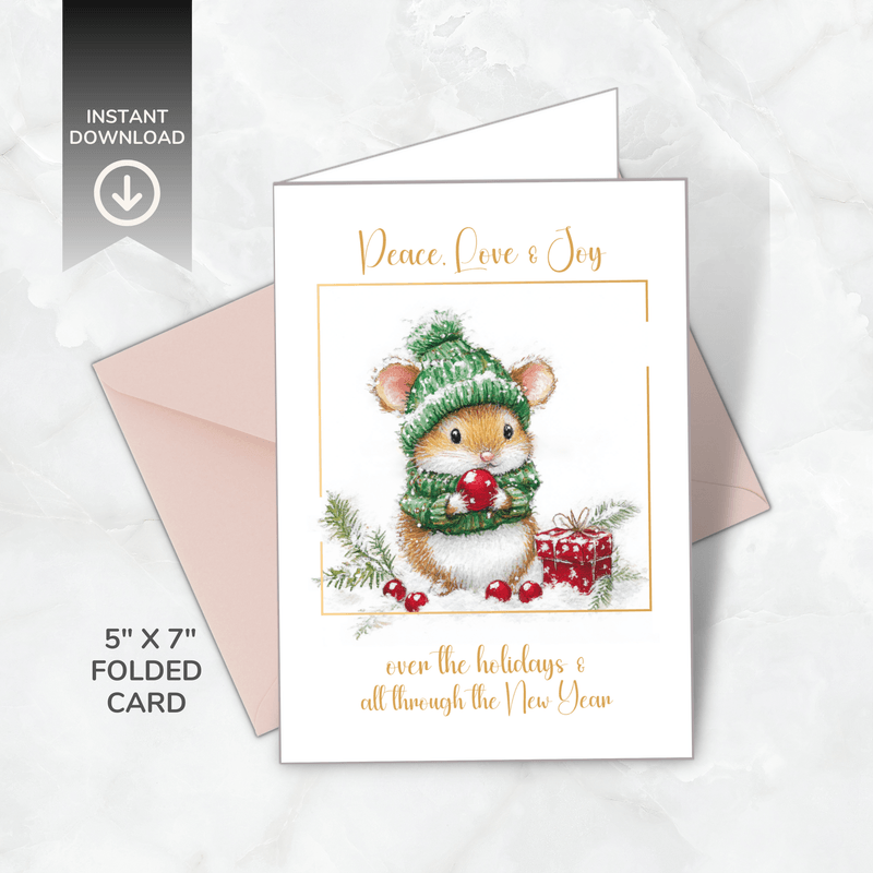 Printable Christmas Card – Cute Mouse in Winter Hat – Peace, Love &amp; Joy – A5 &amp; 5x7 Folded PDF + PNG 