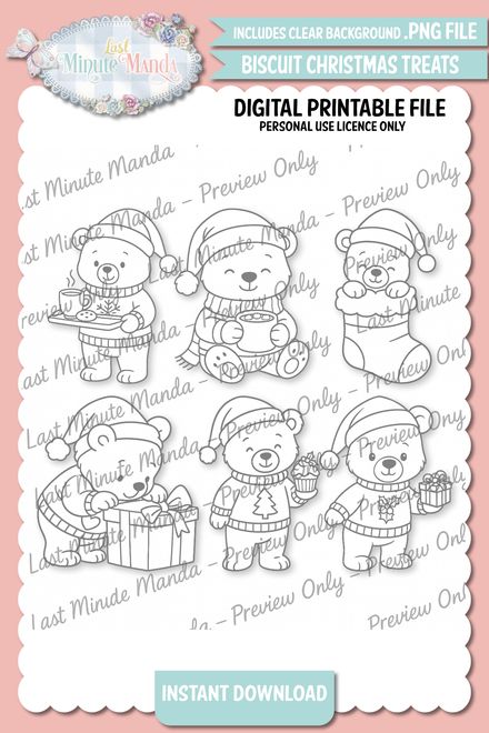 Biscuit Bear’s Christmas Treats – Cute Digi Stamp | Black and White PNG