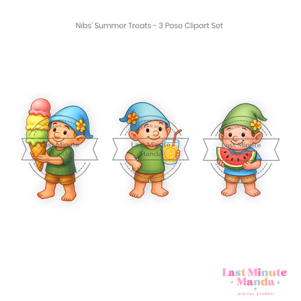 Nibs the Gnome – Summer Treats – 3 Pose Clipart Set