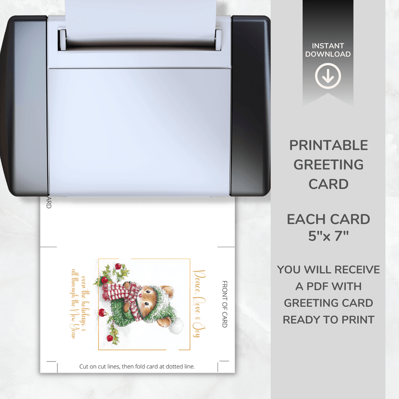 Printable Christmas Card – Cute Mouse in Winter Hat – Peace, Love &amp; Joy – A5 &amp; 5x7 Folded PDF + PNG 