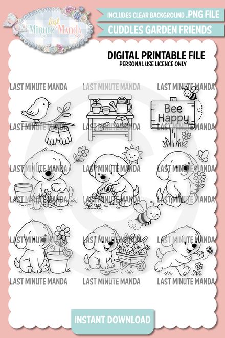 Cuddles’ Garden Friends – 10 Black &amp; White Digital Stamps (300dpi PNG)