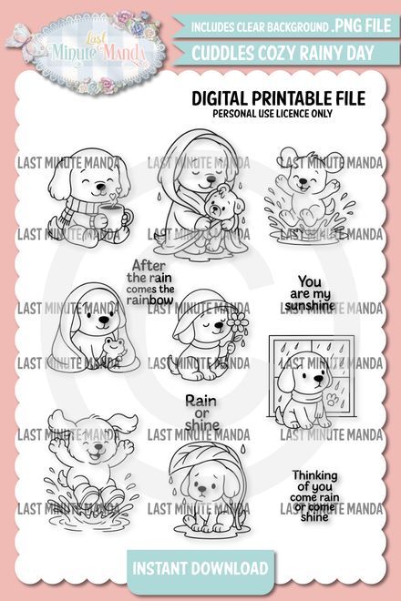 Cuddles’ Cozy Rainy Day – Cute Puppy Digital Stamp Set | 8 Line Art PNGs | Rainy Day Dog Clipart