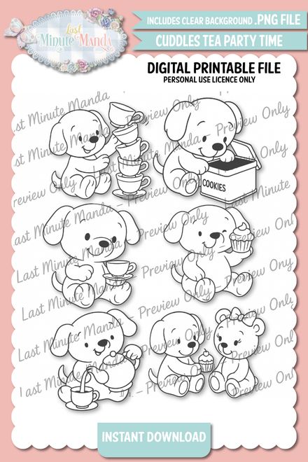 Cuddles the Puppy – Tea Party Time Digi Stamp Set | Whimsical Black &amp; White PNGs